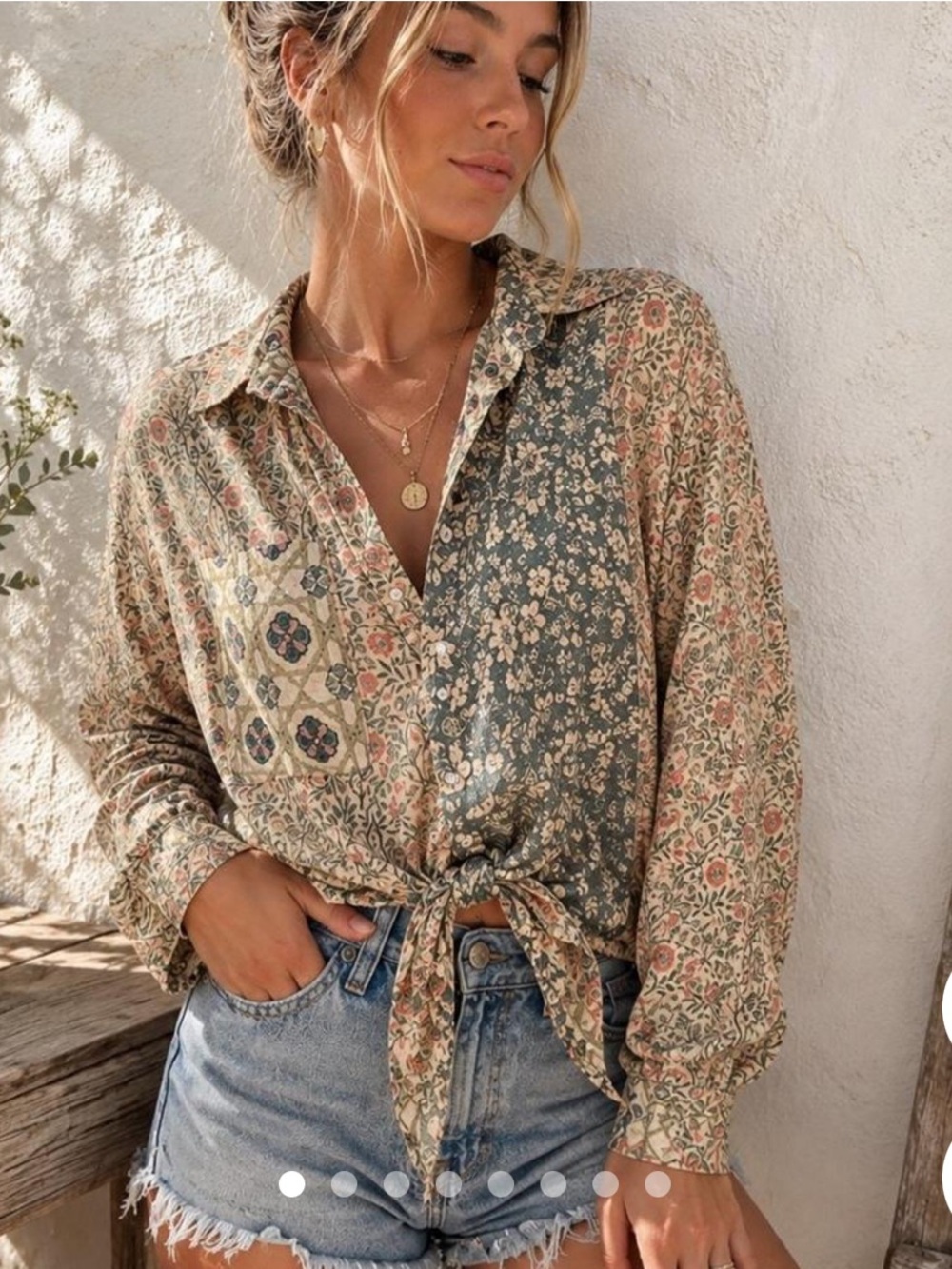 NATURAL LIFE Lola Front Tie Patchwork Button-down Shirt blouse Bohemian Sage